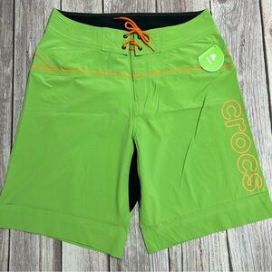 Crocs Men’s Large Lime Green Mesh Lined Spell Out Logo Board Shorts Swim Trunks
